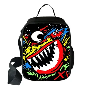 Monster Graffiti Printed Square Lunch Bag Polyester Insulated Thermal Crossbody Bento Pouch With Adjustable Shoulder Strap For School Office Kids Travel