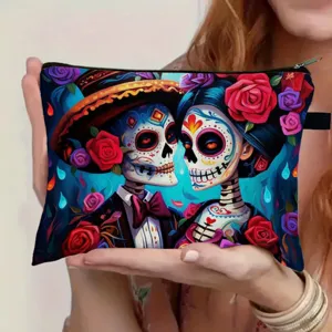 Detailed close-up showing the vibrant Day of the Dead sugar skull print on a storage bag