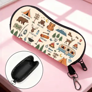 Close-up detail of outdoor camping themed glasses pouch with zipper and hanging hook