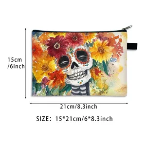 Detailed size measurements for Mexican Day of the Dead floral skull zipper storage pouch