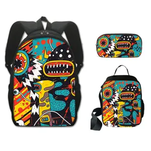 Gedetailleerd overzicht van de 16 inch monster graffiti schooltas en lunchtas set