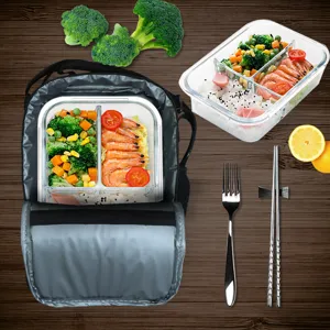 Insulated lunch bag with internal aluminum foil showing glass bento box and food arrangement