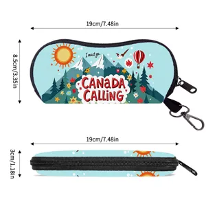 Detailed dimensions of the portable sunglasses case with Canada-themed illustration