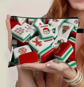 Detailed view of large capacity makeup pouch with festive Christmas Mahjong tile print