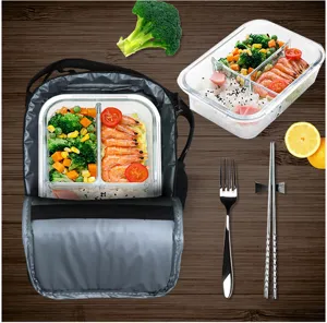 Detailansicht der grauen Isoliertasche mit geteilter Glas-Lunchbox und Metallbesteckset