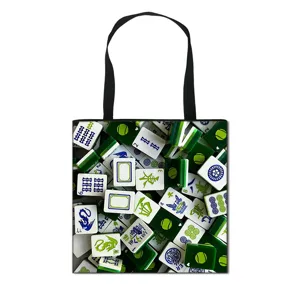 Duurzame canvas draagtas met grote capaciteit en gedetailleerde groene mahjong-print