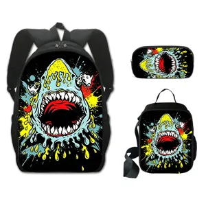 3-delige schooltassenset monster graffiti haai met rugzak lunchtas en bijpassende etui