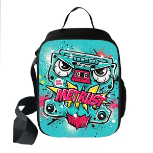Portable square lunch bag featuring vibrant monster graffiti print and shoulder strap.