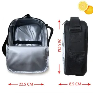 Insulated black lunch bag with monster graffiti print and adjustable shoulder strap
