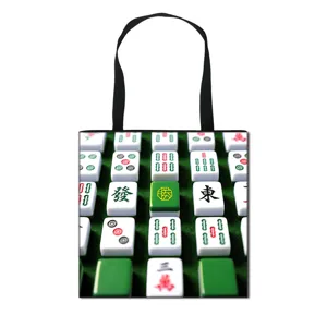 Canvas draagtas met mahjong steen print en zwarte schouderbanden voor winkelen