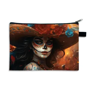 Large Mexican Day of the Dead themed storage bag with artistic sugar skull print