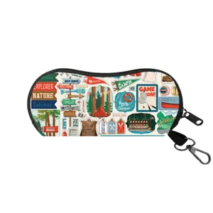 Durable outdoor travel sunglasses pouch with vintage camping print and carabiner hook