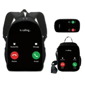 Schwarzes 3-teiliges Schulrucksack-Set mit Smartphone-Anruf-Interface-Druck