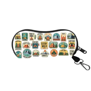 Portable camping theme eyewear storage bag with hiking patches and hook for outdoor travel