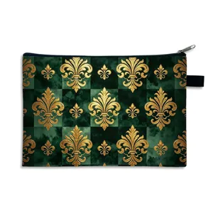 Elegante Kosmetiktasche im Barockstil mit goldenem Fleur-de-lis-Druck auf Dunkelgrün
