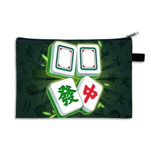 Large capacity mahjong print canvas makeup pouch for lipstick and coin storage