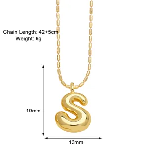 Detailed view of the 18K gold plated balloon letter S pendant necklace with size dimension info.