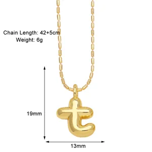 Gold puffy letter t pendant necklace detail shot, showing 19mm size and chain length 42+5cm.