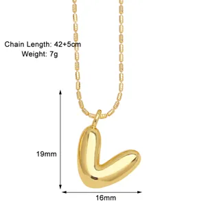Gold puffy letter L pendant necklace detail view, showing 19x16mm size and 42+5cm chain length.