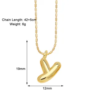 Gold plated puffy bubble letter Y pendant necklace with beaded chain, 42+5cm length