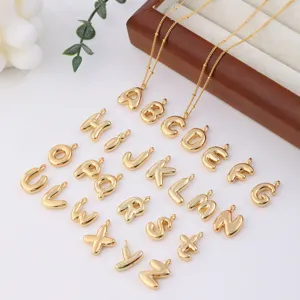 Gold plated puffy alphabet letter pendants necklace set, 26 initial letters dainty chain