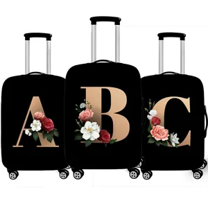 Schwarze elastische Kofferschutzhülle mit goldfarbenem Blumen-Alphabet-Print-Design