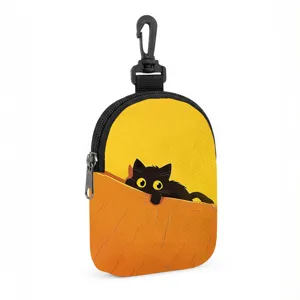 Piccolo portamonete con cerniera e stampa gatto nero cartone animato con moschettone