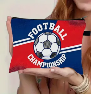 Close-up of a large soccer championship themed pencil case with red and blue colors