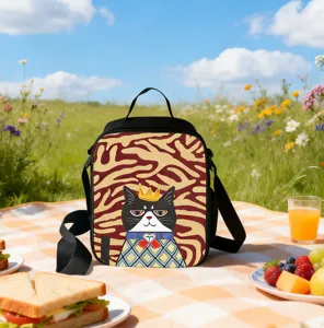 Sac à lunch isotherme avec imprimé chat sur une couverture de pique-nique avec jus
