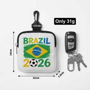 Detail view of Brazil 2026 football pouch showing 13x14x1.8cm size and 31g weight
