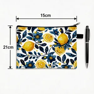 Large portable lemon and floral print makeup pouch showing dimensions 21cm by 15cm