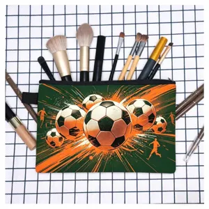 Macro detail of a large capacity soccer theme pencil case with makeup brushes inside