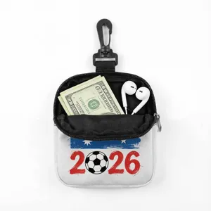 Detailed view of 2026 soccer themed portable pouch storing cash and wired earphones