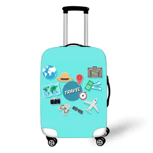 Elastische Kofferhülle in Minzgrün mit buntem Digitaldruck zum Thema Reisen und Urlaub