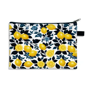 Large lemon floral print cosmetic pouch for travel storage and makeup