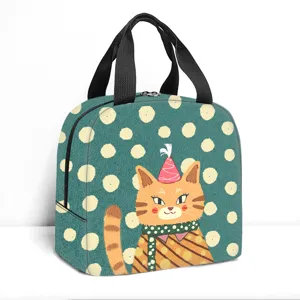 Borsa termica per il pranzo con simpatico gatto a pois mignons e manici neri portatili