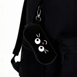 Portable black cartoon cat glasses pouch with metal hook attached to a backpack zipper