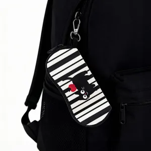 Portable cartoon cat eyeglass pouch with black and white stripes and secure hook attachment