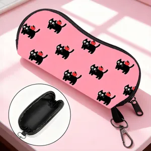 Pink cartoon cat glasses case with red apple pattern and hanging hook