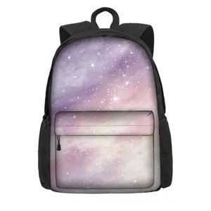 Detail of 16-inch purple galaxy print backpack with front pocket and mesh sides