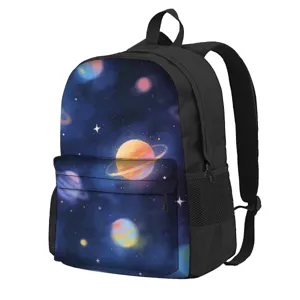 Close-up of a 16-inch student backpack featuring a vibrant galaxy and planet print pattern.