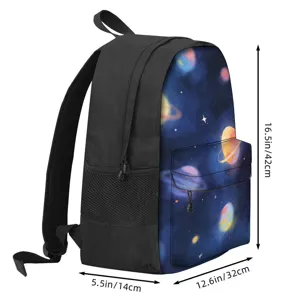 Detailed view of 16-inch galaxy print water-resistant backpack with dimensions 42x32x14cm