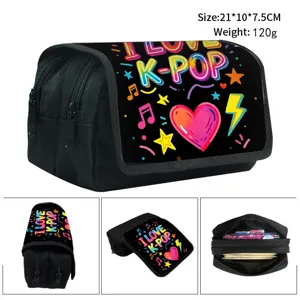 Black flap pencil case with colorful K-POP print and large capacity compartments