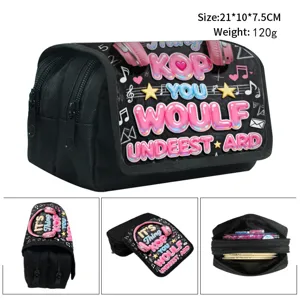 Multi-view black K-pop themed flip pencil case with double zippers and large capacity storage.