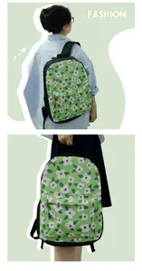 Asian model showcasing a 16-inch green backpack with floral print pattern in studio