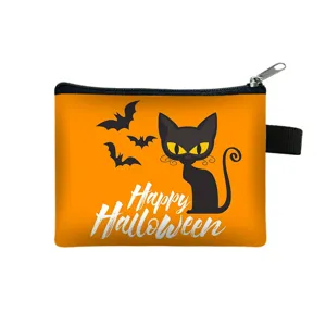 Mini Porte-monnaie d'Halloween Sac de Rangement Portable à Fermeture Éclair Petit Portefeuille Imprimé Fantôme Citrouille Chat Noir pour Cadeaux Enfants Femmes