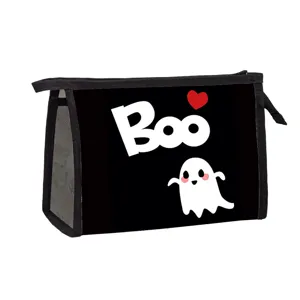 Black Halloween makeup bag featuring a cute white ghost, red heart, and Boo print.