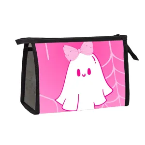 Cute pink Halloween ghost makeup bag with bow and spiderweb pattern for travel