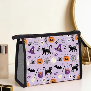 Halloween Pumpkin Print Travel Storage Bag Portable Polyester Toiletry Organizer Zipper Mesh Makeup Bag For Women