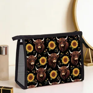 Minimalist Polyester Cosmetic Bag Scottish Highland Cow Sunflower Print Travel Toiletry Organizer Large Capacity Zipper Makeup Bag For Women